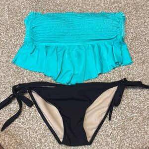 Turquoise Ruffle Bikini Top and Black Tie Bikini Bottom